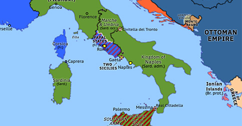 Political map of Western Mediterranean on 09 Nov 1860 (Unification of Italy: Garibaldi’s departure from Naples), showing the following events: Siege of Gaeta; Victor Emmanuel II’s entry into Naples; Garibaldi’s departure from Naples.