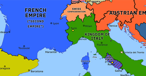 Political map of Western Mediterranean on 17 Mar 1861 (Unification of Italy: Kingdom of Italy), showing the following events: Annexation of the Two Sicilies; Annexation of Umbria and Marche; Franco-Monégasque Treaty; Surrender of Francis II of the Two Sicilies; Kingdom of Italy.