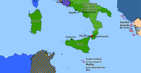 Political map of Western Mediterranean on 29 Aug 1862 (Unification of Italy: Battle of Aspromonte), showing the following events: Great Brigandage; Loja uprising; Montenegrin–Ottoman War; Battle of Aspromonte.