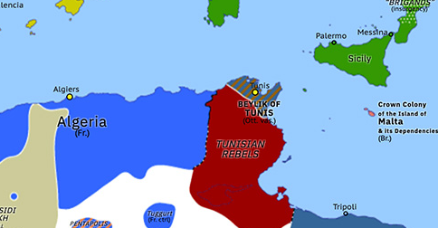 Political map of Western Mediterranean on 29 Jun 1864 (Roman Question: Mejba Revolt), showing the following events: Mejba Revolt; Treaty of London; Ouled Sidi Cheikh rebellion; First Tunisian Crisis.