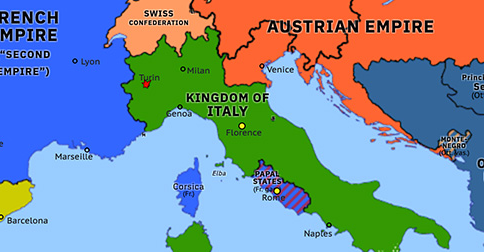 Political map of Western Mediterranean on 03 Feb 1865 (Roman Question: Relocation to Florence), showing the following events: September Convention; Turin Massacre; Relocation to Florence.