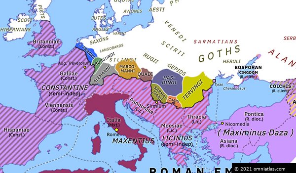 Collapse of the Tetrarchy | Historical Atlas of Europe (10 June 311 ...