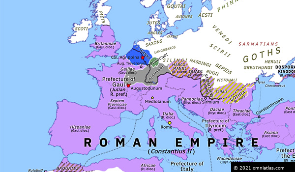 Gaul In World Map Julian's Gallic Wars | Historical Atlas Of Europe (24 June 356) | Omniatlas