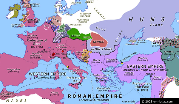 Alaric and Stilicho | Historical Atlas of Europe (mid 405) | Omniatlas