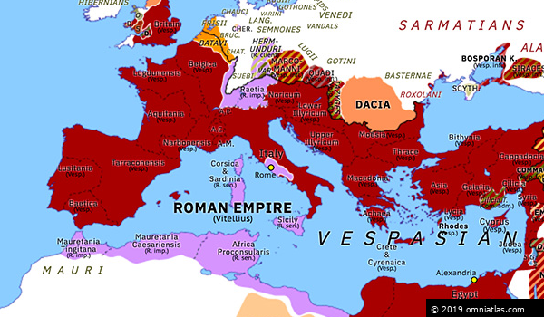 Belyse offentlig Calamity Year of the Four Emperors: Vespasian | Historical Atlas of Europe (16  December 69 AD) | Omniatlas