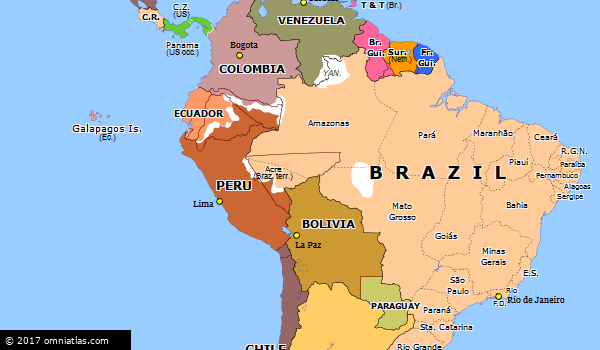 Colombia And Brazil Map Rio Branco's Treaties | Historical Atlas Of South America (26 November  1908) | Omniatlas