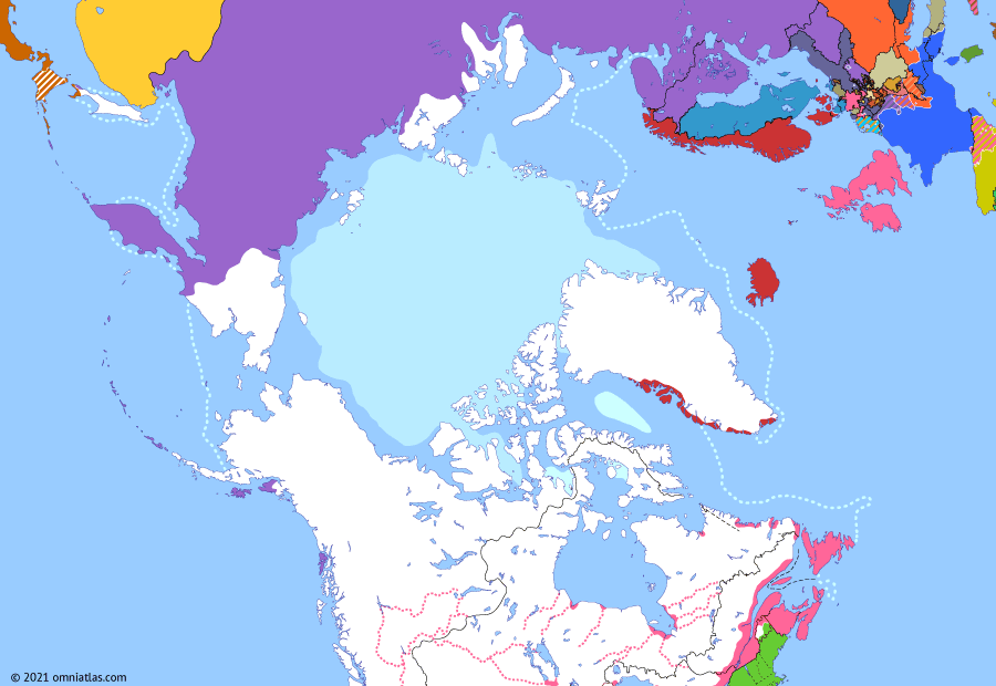 Political map of the Arctic & the Far North on 14 Jan 1814 (The Fur-Trading Empires: Treaty of Kiel), showing the following events: War of 1812; Treaty of Kiel.