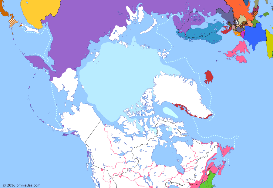 Political map of the Arctic & the Far North on 23 Nov 1837 (Partitioning the North Pacific: Canadian Rebellions), showing the following events: Parry’s Farthest North; Republic of Madawaska; Belgian Revolution; Lower Canada Rebellion.