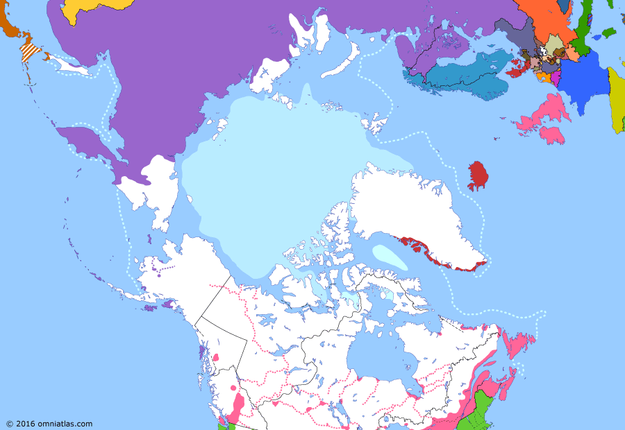 Political map of the Arctic & the Far North on 19 Jul 1862 (Partitioning the North Pacific: Gold Rushes in the Pacific Northwest), showing the following events: Acquistion of Primorye; Secession of South Carolina; Cariboo Gold Rush; Stikine Gold Rush; Stickeen Territories.