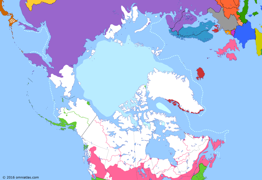 Political map of the Arctic & the Far North on 09 Oct 1882 (Claiming the Far North: First International Polar Year), showing the following events: Keewatin Act; Vega Expedition; Adjacent Territories Order; First International Polar Year.