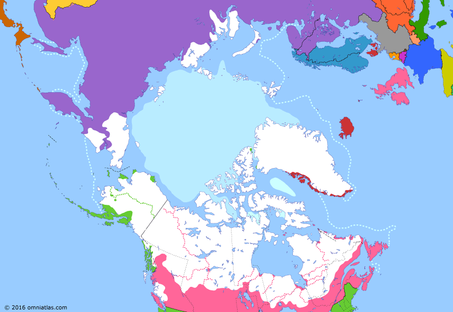 Political map of the Arctic & the Far North on 05 Aug 1892 (Claiming the Far North: Opening up Greenland), showing the following events: North-West Rebellion; Canadian Pacific Railway; Crossing of Greenland; Peary’s Greenland crossing.