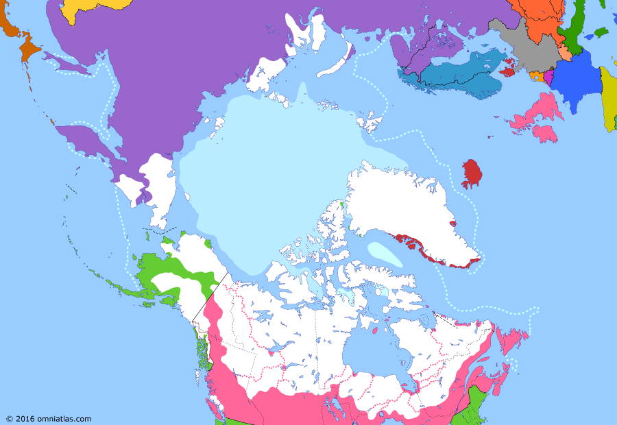 Political map of the Arctic & the Far North on 13 Jun 1898 (Claiming the Far North: Klondike Gold Rush), showing the following events: Nansen’s Fram expedition; Nansen’s march for the Pole; Klondike Gold Rush; Sverdrup Islands discovered; Yukon Territory.