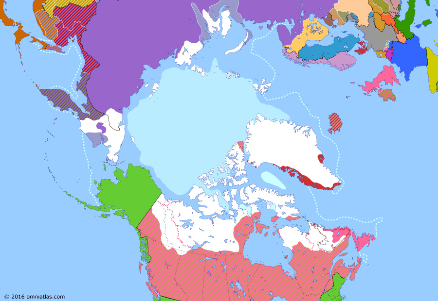 Political map of the Arctic & the Far North on 06 Apr 1920 (Claiming the Far North: Far Eastern Republic), showing the following events: Spanish Flu in the Arctic; Armistice of Compiègne; Treaty of Versailles; Dominion representation at Versailles; Evacuation of Murmansk; Svalbard Treaty; Far Eastern Republic.