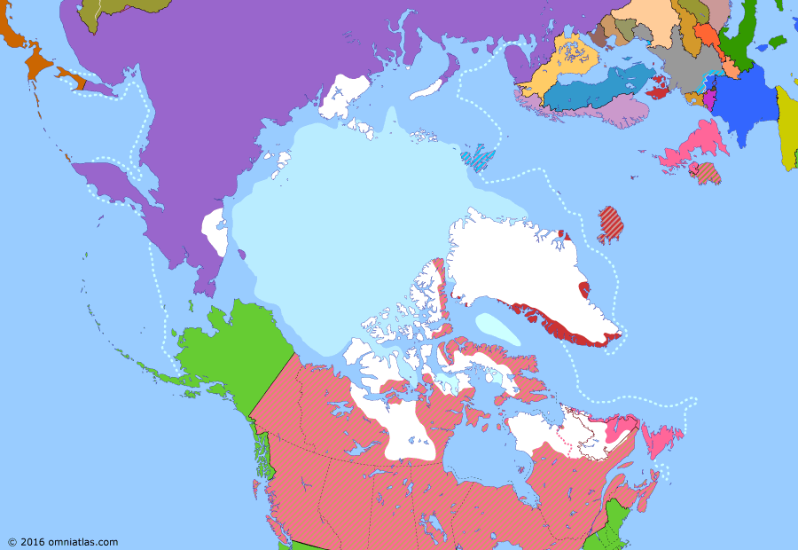 Political map of the Arctic & the Far North on 14 May 1926 (Claiming the Far North: Arctic Flights), showing the following events: Soviet Union suppresses All-Tungus Congress of the Okhotsk Coast; Svalbard Treaty effective; Franz Josef Land claim; Byrd’s North Pole flight; Norge trans-polar flight.