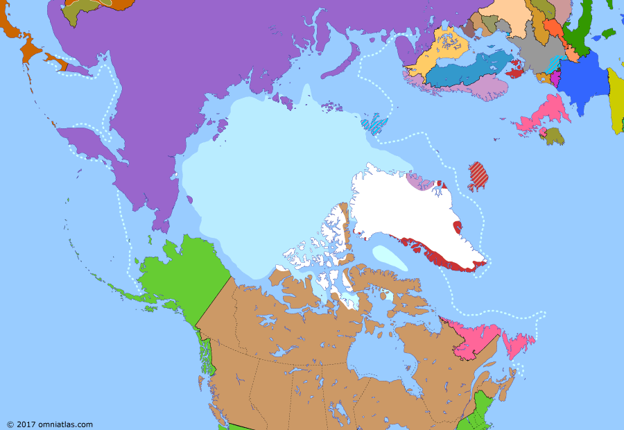 Political map of the Arctic & the Far North on 12 Jul 1932 (Claiming the Far North: Erik the Red's Land), showing the following events: Labrador settlement; Annexation of Franz Josef Land; Wall Street Crash; Norwegian claim to Victoria I.; Sverdrup Islands compromise; Erik the Red’s Land; Japanese invasion of Manchuria; Statute of Westminster.