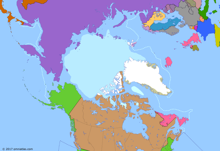 Political map of the Arctic & the Far North on 10 May 1940 (World War II in the Arctic: Invasion of Iceland), showing the following events: Occupation of the Faroe Islands; Battles of Narvik; Self-rule in Greenland; Blitzkrieg in the West; Invasion of Iceland.