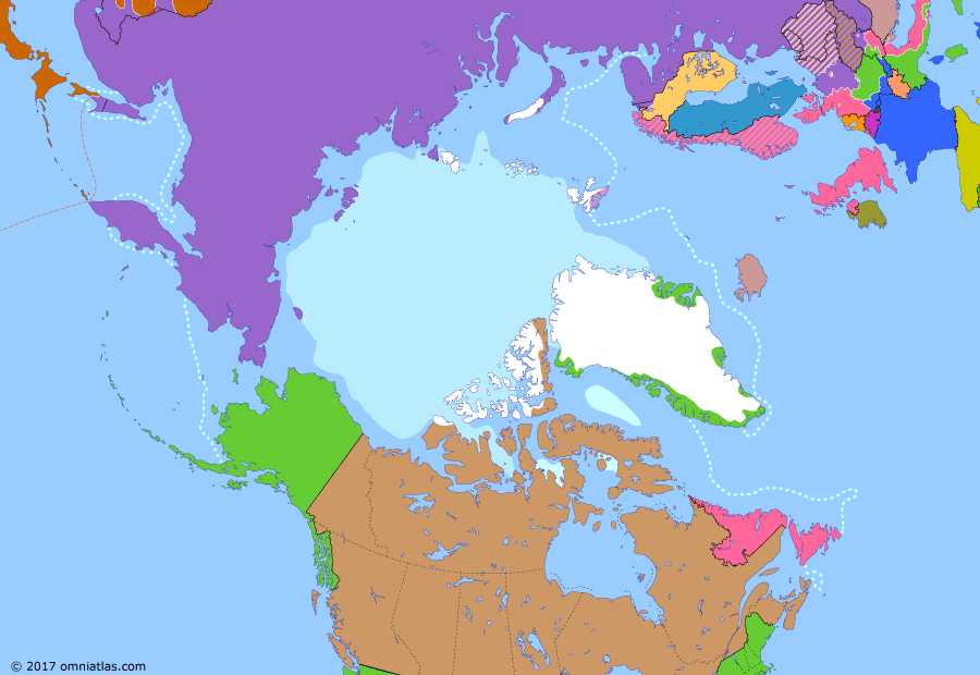 Political map of the Arctic & the Far North on 15 Aug 1945 (World War II in the Arctic: End of World War II), showing the following events: V.E. Day; Allied occupation of Norway; Allied division of Germany; United Nations Charter; Atomic bombing of Hiroshima; Soviet invasion of Manchuria; Invasion of South Sakhalin; Jewel Voice Broadcast.