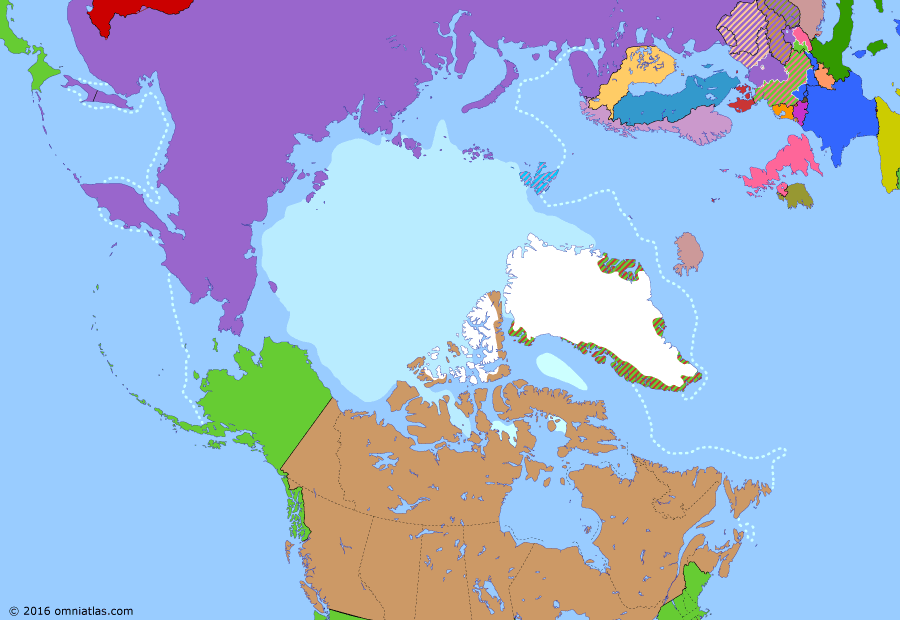Political map of the Arctic & the Far North on 04 Apr 1949 (The Arctic Transformed: North Atlantic Treaty), showing the following events: Kuril Landing Operation; Occupation of Japan; German surrender on Svalbard; US bid to buy Greenland; Newfoundland Act; North Atlantic Treaty.