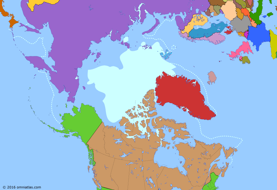 Political map of the Arctic & the Far North on 12 Mar 2015 (The Arctic Transformed: Climate Change), showing the following events: Arctic sea ice decline; Greenland Treaty activated; Fall of the Berlin Wall; German reunification; Dissolution of the Soviet Union; Territory of Nunavut.