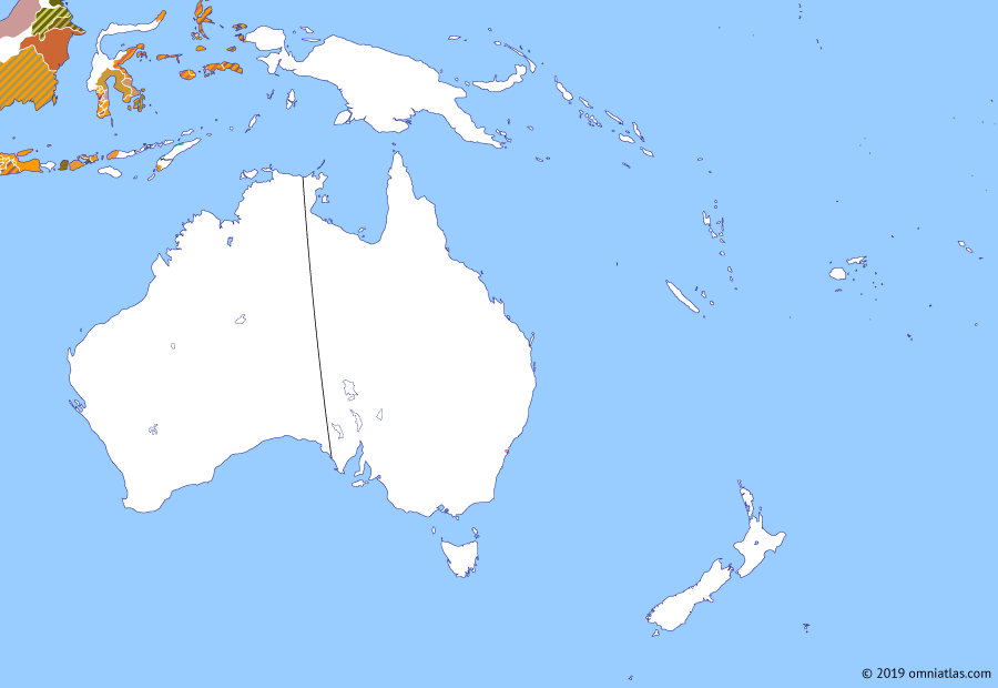 Political map of Australia, New Zealand & the Southwest Pacific on 28 Apr 1789 (Australasian Colonies: Mutiny on the Bounty), showing the following events: Norfolk Island penal settlement; Southern whale fishery; Mutiny on the Bounty; Bligh’s open-boat voyage; Bounty under Christian.