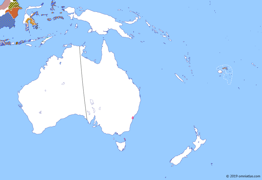 Political map of Australia, New Zealand & the Southwest Pacific on 17 Oct 1803 (The Australasian Colonies: Expanding from New South Wales), showing the following events: Encounter Bay; Circumnavigation of Australia; Risdon Cove settlement; Sullivan Bay settlement.