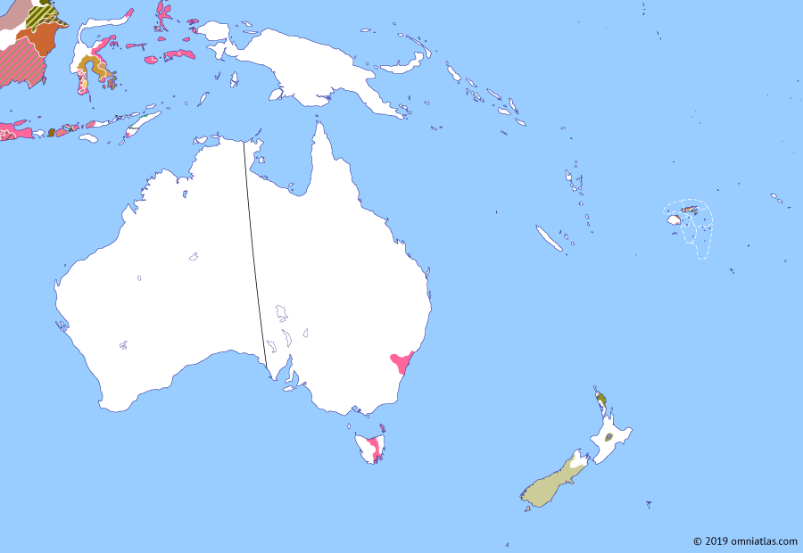 Political map of Australia, New Zealand & the Southwest Pacific on 07 May 1815 (The Australasian Colonies: Settling the Australian interior), showing the following events: British invasion of Java; British Banjarmasin; Crossing of the Blue Mountains; Driemanschap; Hawkesbury Nepean War; Mission to New Zealand; Anglo–Dutch Treaty of 1814; Founding of Bathurst.