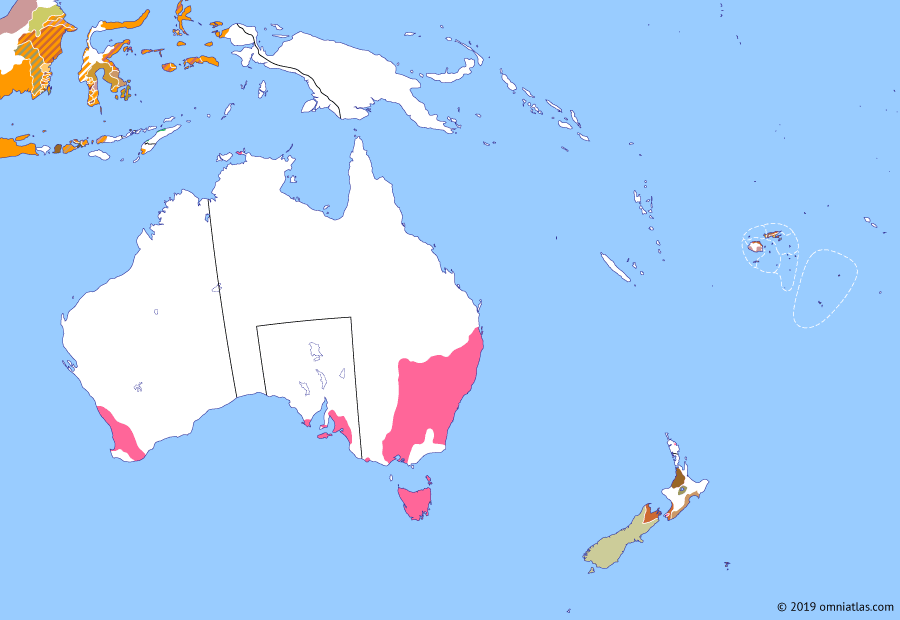 Political map of Australia, New Zealand & the Southwest Pacific on 06 Feb 1840 (The Australasian Colonies: Treaty of Waitangi), showing the following events: Waterloo Creek massacre; Jean Bart Incident; Myall Creek massacre; Eyre’s expeditions; 1839 Letters Patent; Settlement of Cook Strait; Treaty of Waitangi.