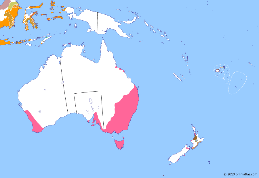 Political map of Australia, New Zealand & the Southwest Pacific on 30 Aug 1849 (The Australasian Colonies: Settlement of the South Island), showing the following events: Hutt Valley Campaign; Wanganui Campaign; Cooking Pot Uprising; South Island deeds; Settlement of Otago; Dutch border in New Guinea; Settlement of Canterbury.