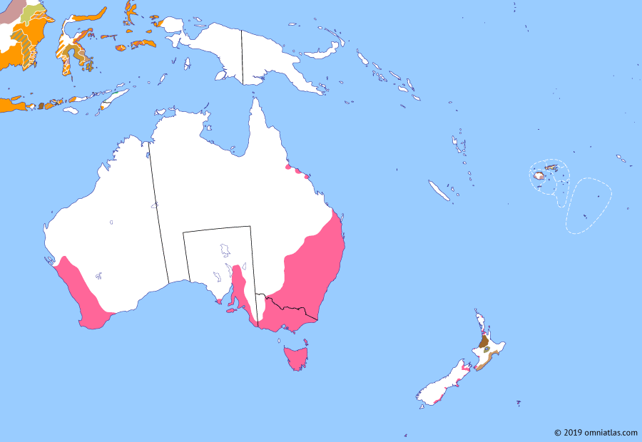 Political map of Australia, New Zealand & the Southwest Pacific on 01 Jul 1851 (The Australasian Colonies: Colony of Victoria), showing the following events: Hardwicke settlement; End of convict era in New South Wales; Victorian Gold Rush; New South Wales Gold Rush; Ngāti Pāoa Invasion of Auckland; Colony of Victoria.