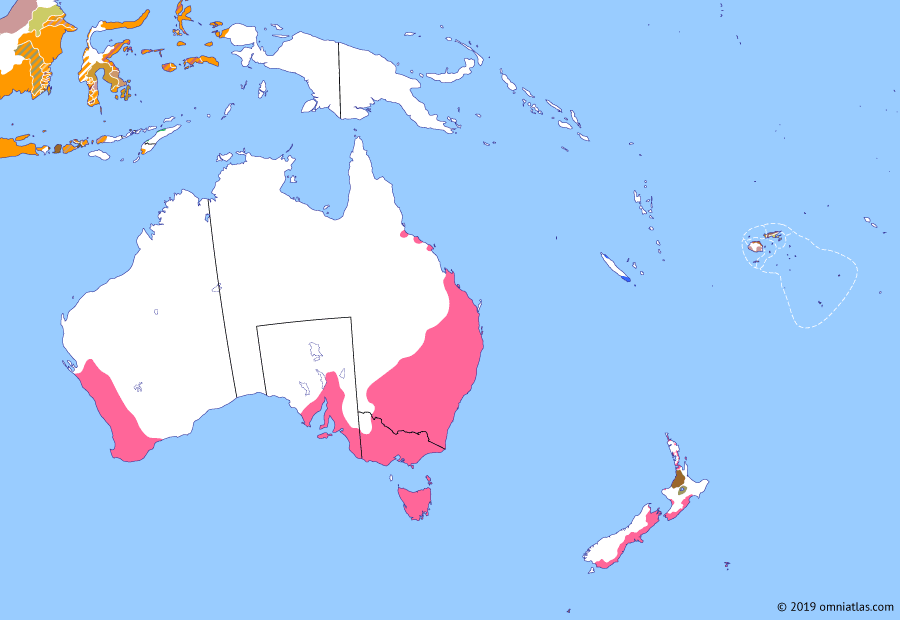 Political map of Australia, New Zealand & the Southwest Pacific on 03 Dec 1854 (The Australasian Colonies: Eureka Rebellion), showing the following events: Rise of Ma‘afu; End of convict era in Tasmania; Colony of New Caledonia; Anglo-French entry into Crimean War; Eureka Rebellion.