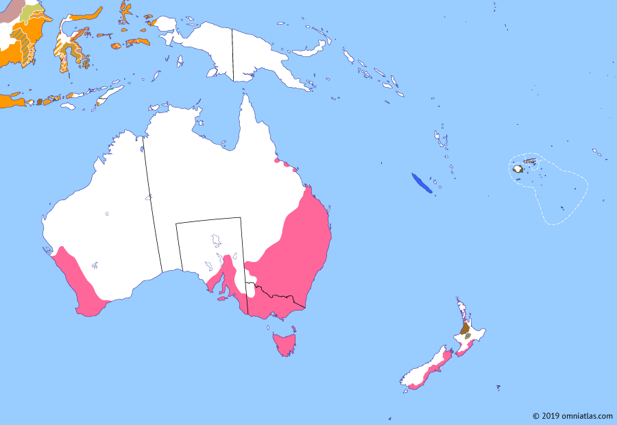 Political map of Australia, New Zealand & the Southwest Pacific on 01 Sep 1855 (The Australasian Colonies: Tongan Intervention in Fiji), showing the following events: Tongan intervention in Fiji; Battle of Kaba; Resettlement of Norfolk Island.