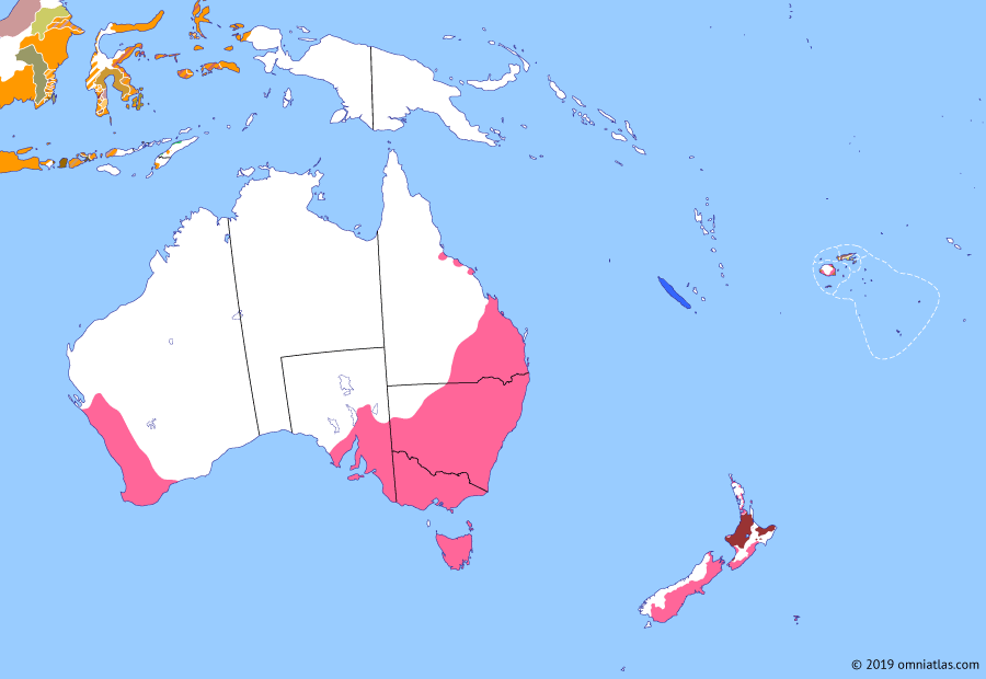 Political map of Australia, New Zealand & the Southwest Pacific on 06 Jun 1859 (The Australasian Colonies: Colony of Queensland), showing the following events: Augustus Gregory’s NSW explorations; Colony of Tasmania; End of Maungahuka; Treaty of Paris; First Māori King; Queensland gold rushes; Pritchard’s Fiji protectorate; Banjarmasin War; Colony of Queensland.