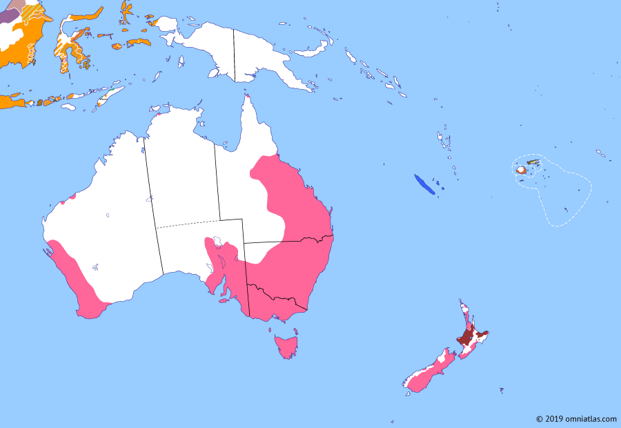 Political map of Australia, New Zealand & the Southwest Pacific on 21 Jun 1864 (Colonial Consolidation: Invasion of the Waikato), showing the following events: Queensland boundary change; Blackbirding era; Second Taranaki War; Northern Territory of South Australia; Invasion of the Waikato; Tauranga Campaign; West Coast Gold Rush.