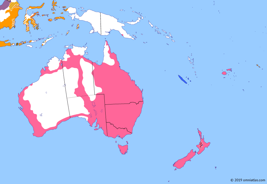 Political map of Australia, New Zealand & the Southwest Pacific on 06 Nov 1884 (Colonial Consolidation: New Guinea Protectorates), showing the following events: Opening of the King Country; Invasion of Parihaka; Queensland’s annexation of New Guinea; German New Guinea; British New Guinea.