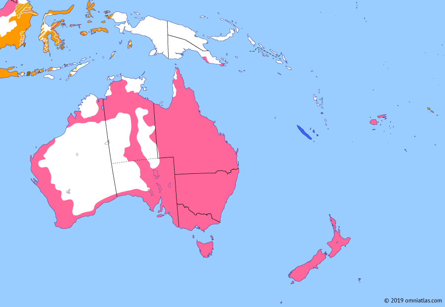 Political map of Australia, New Zealand & the Southwest Pacific on 20 Aug 1889 (Colonial Consolidation: Samoan Crisis), showing the following events: Eruption of Mount Tarawera; Samoan Civil War; Protectorate of Wallis and Futuna; Kaimiloa delegation; Anglo-French Joint Naval Commission; Western Australian gold rushes; Samoan Crisis; German Nauru Protectorate; Independent Commune of Franceville.