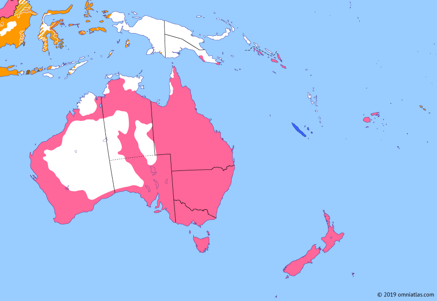 Political map of Australia, New Zealand & the Southwest Pacific on 15 Mar 1893 (Colonial Consolidation: Partition of the Solomon Islands), showing the following events: Gilbert and Ellice Islands Protectorate; Brisbane Black February flood; British Solomon Islands.