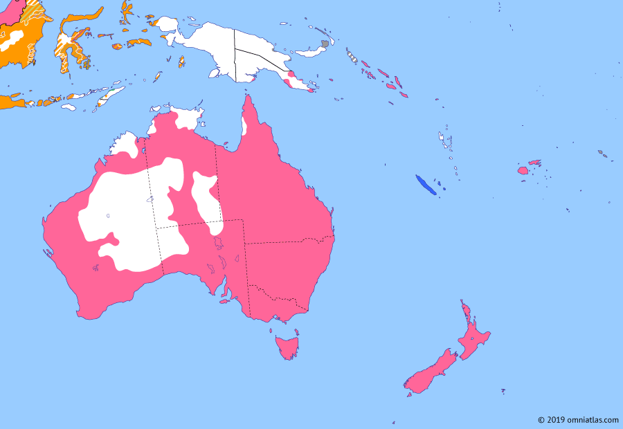 Political map of Australia, New Zealand & the Southwest Pacific on 01 Jan 1901 (Southern Dominions: Federation of Australia), showing the following events: Australasia in the 2nd Boer War; Tripartite Convention; Anglo-Tongan Treaty of Friendship; Federation of Australia.