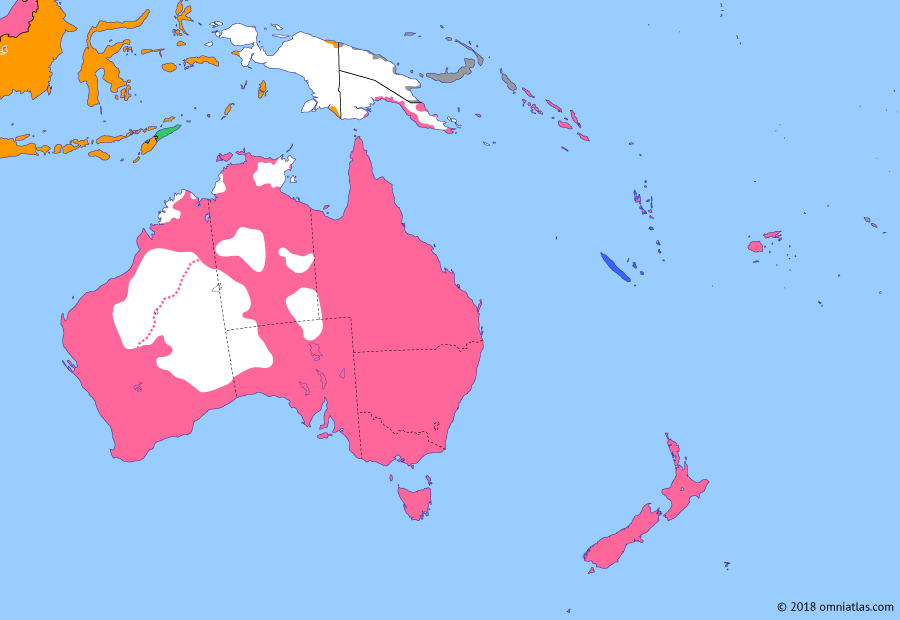 Political map of Australia, New Zealand & the Southwest Pacific on 04 Aug 1914 (Southern Dominions: Outbreak of the Great War), showing the following events: New Hebrides Condominium; Dominion of New Zealand; Canning Stock Route; Northern Territory Transfer; Naming of Canberra; British entry into World War I.
