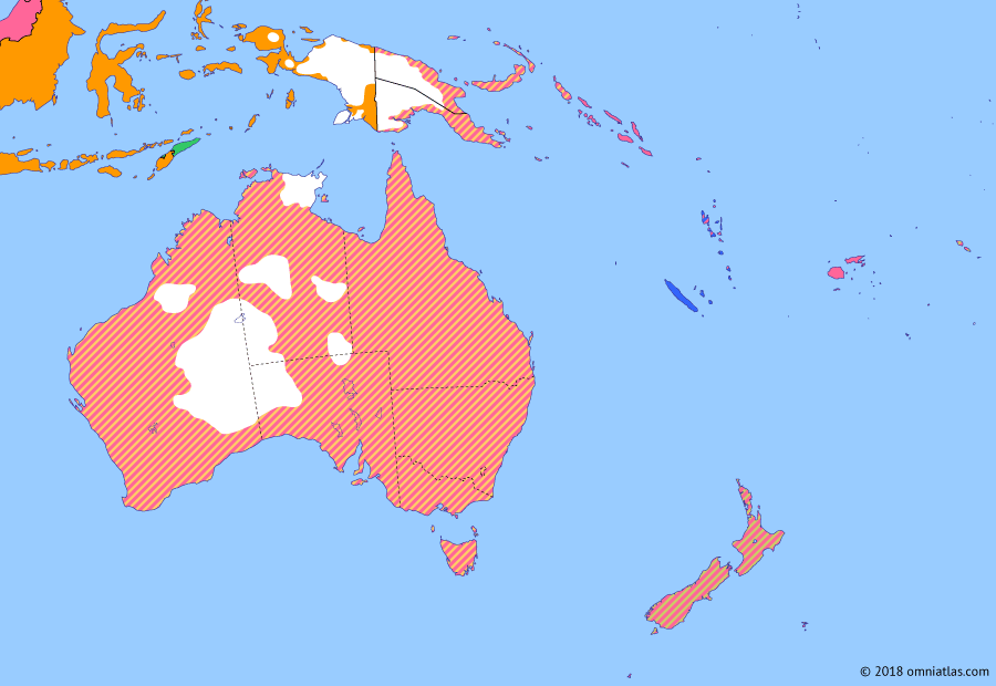 Political map of Australia, New Zealand & the Southwest Pacific on 11 Dec 1931 (Southern Dominions: Statute of Westminster), showing the following events: Wall Street Crash; Hawke’s Bay earthquake; Reincorporation of Northern Territory; Statute of Westminster.