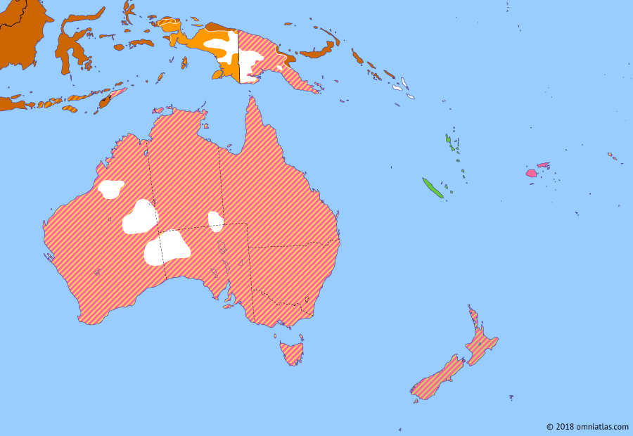 Political map of Australia, New Zealand & the Southwest Pacific on 08 May 1942 (The War in the Pacific: Battle of the Coral Sea), showing the following events: Battle of the Java Sea; Allied surrender in Java; Invasion of Salamaua–Lae; US occupation of New Caledonia; Doolittle Raid; Battle of the Coral Sea.
