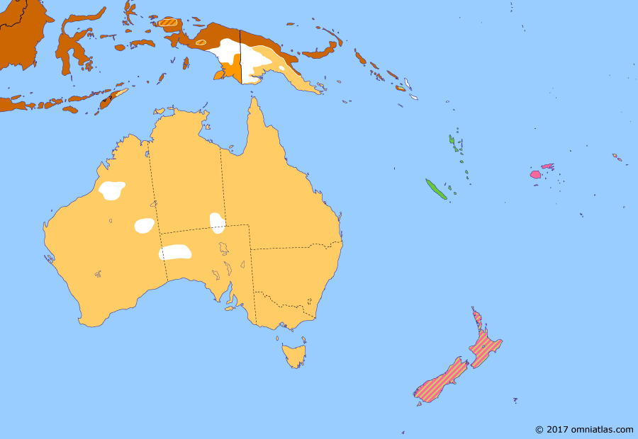 Political map of Australia, New Zealand & the Southwest Pacific on 14 Jan 1943 (The War in the Pacific: Battle of Timor), showing the following events: Battle of Buna-Gona; Allied withdrawal from Timor; Operation Ke; Surrender of the Sixth Army.