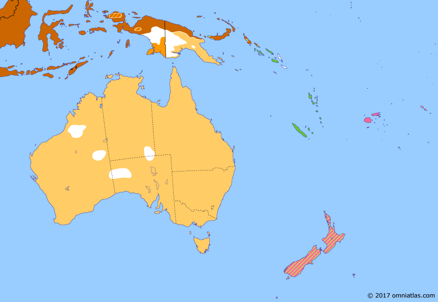 Political map of Australia, New Zealand & the Southwest Pacific on 15 Dec 1943 (The War in the Pacific: Operation Cartwheel), showing the following events: New Georgia Campaign; Landing at Lae; Landings at Cape Torokina; Battle of Tarawa; Battle of Arawe.