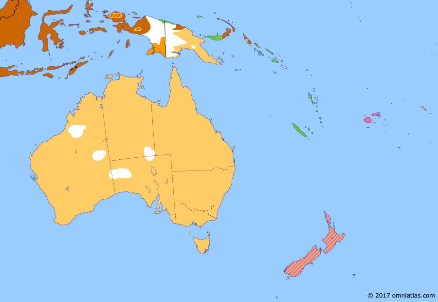 Political map of Australia, New Zealand & the Southwest Pacific on 17 Jun 1944 (The War in the Pacific: Western New Guinea Campaign), showing the following events: Operations Reckless and Persecution; D-Day.