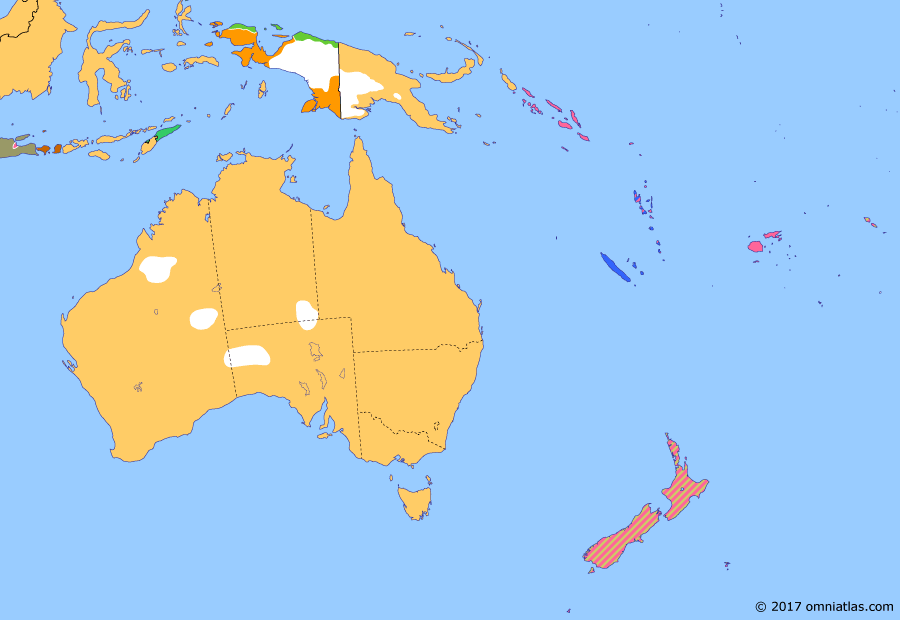 Political map of Australia, New Zealand & the Southwest Pacific on 07 Jan 1946 (Decolonization of the Pacific: Japanese Surrender), showing the following events: Jewel Voice Broadcast; Indonesian Independence; Allied occupation of Indonesia.