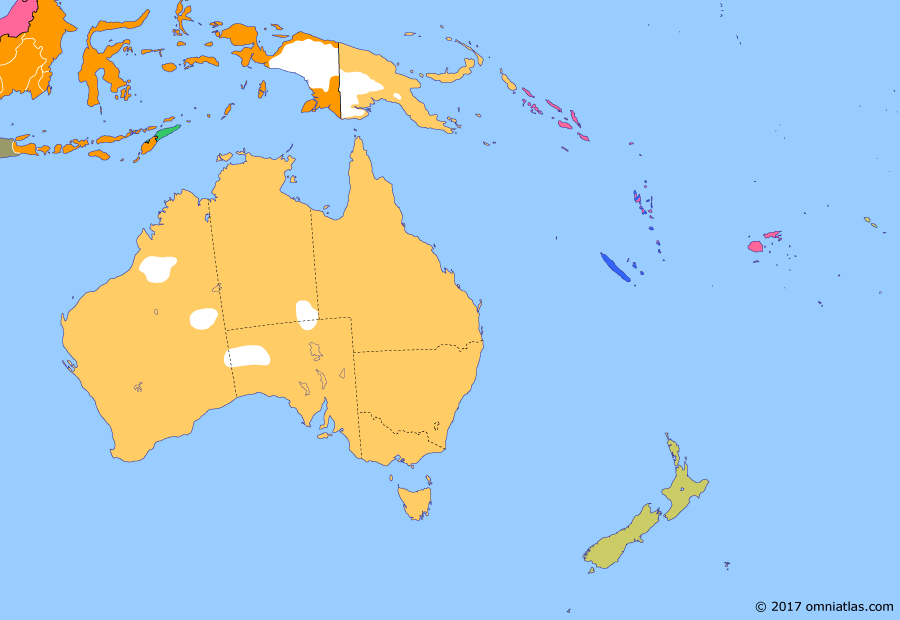 Political map of Australia, New Zealand & the Southwest Pacific on 25 Nov 1947 (Decolonization of the Pacific: Indonesian War of Independence), showing the following events: British Commonwealth Occupation Force; Operation Product; Partition of India; Statute of Westminster Adoption Act 1947.