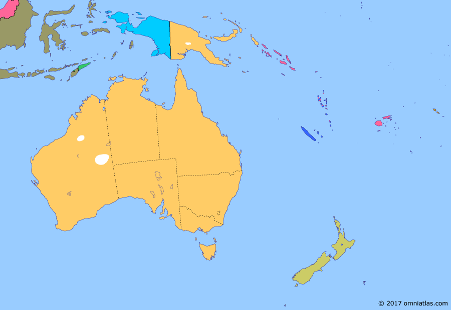 Political map of Australia, New Zealand & the Southwest Pacific on 16 Nov 1962 (Decolonization of the Pacific: West New Guinea dispute), showing the following events: Desert Aboriginal Relocation; Operation Trikora; Samoan Independence; Australia and NZ in Vietnam; New York Agreement; UN Temporary Executive Authority.