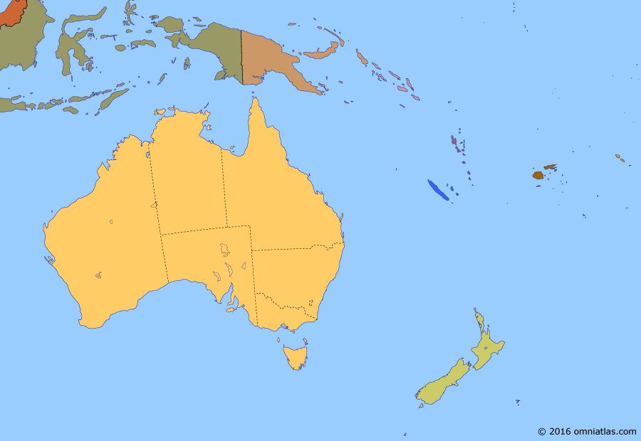 Political map of Australia, New Zealand & the Southwest Pacific on 10 Jul 1985 (Decolonization of the Pacific: Breaking with Britain), showing the following events: Independence of the Solomon Islands; Independence of Tuvalu; Kiribati Independence; Coconut War; Independence of Vanuatu; New Zealand nuclear-free zone; Sinking of the Rainbow Warrior.
