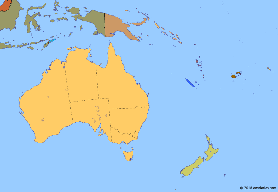 Political map of Australia, New Zealand & the Southwest Pacific on 26 Jul 2003 (Decolonization of the Pacific: Policing the Southwest Pacific), showing the following events: Asian Financial Crisis; Peace Monitoring Group; East Timorese crisis; International Force for East Timor; 2000 Fijian Coup; Democratic Republic of East Timor; Regional Assistance Mission to Solomons.