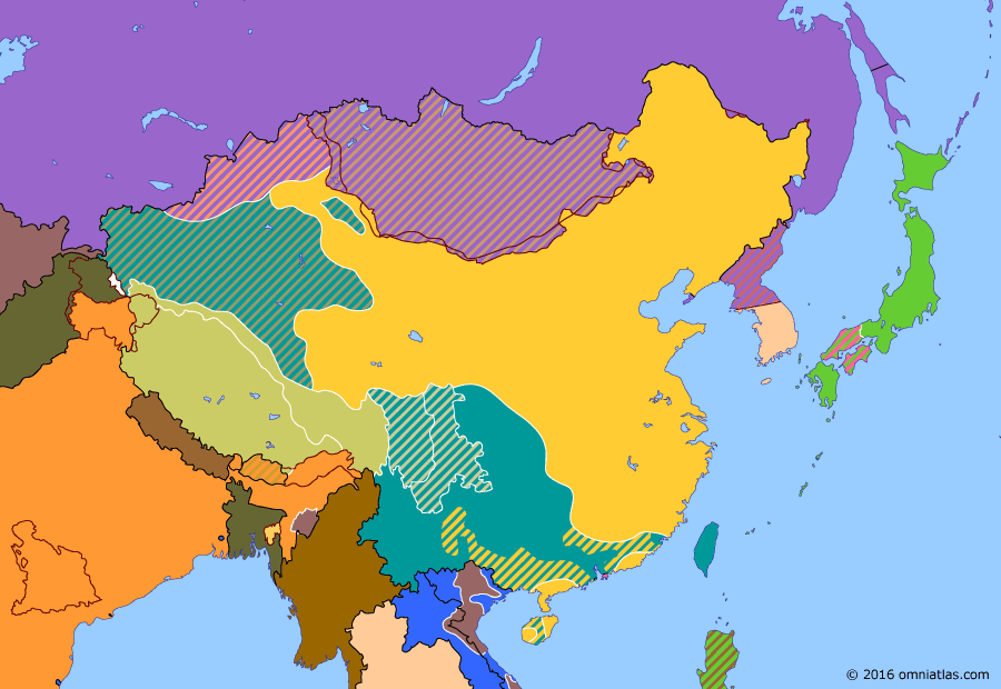 Political map of China, Japan, Korea, and Mongolia on 01 Oct 1949 (The Chinese Civil War: People's Republic of China), showing the following events: Creation of State of Vietnam; French Associated State of Laos; Lanzhou Campaign; People’s Republic of China.