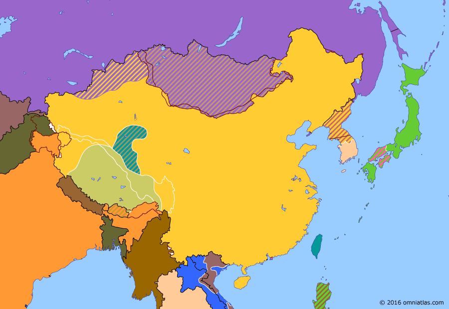 Political map of China, Japan, Korea, and Mongolia on 24 Jan 1951 (China under Mao: Chinese intervention in Korea), showing the following events: People’s Volunteer Army; Chinese intervention in Korea.